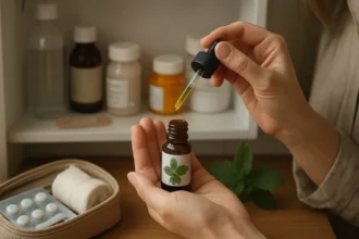 Žena s japonským mätovým olejom v domácej lekárničke