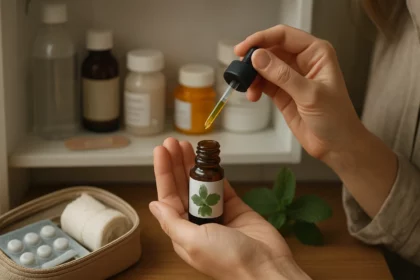 Žena s japonským mätovým olejom v domácej lekárničke