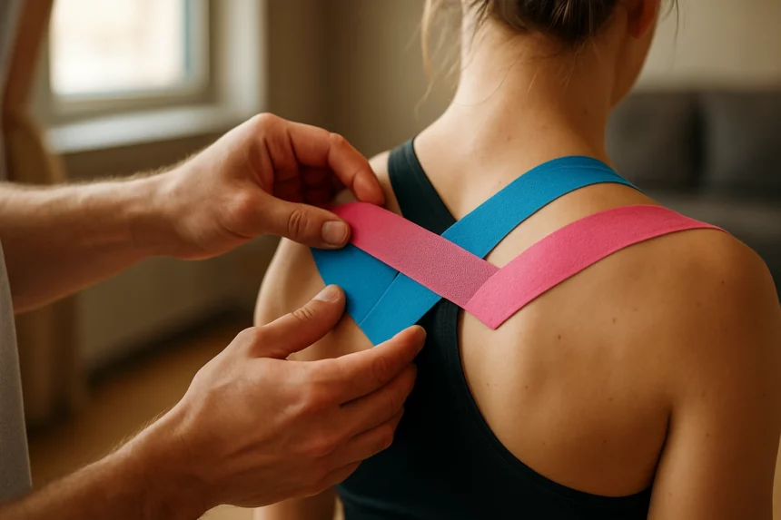 A person receiving kinesiotaping on their shoulder for pain relief