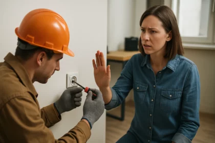 Pracovník opravuje elektrickú zásuvku s ochranou ženy pred dotykom.