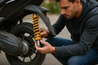 Muž nastavuje kontrastnú pružinu na skútri pre lepšie jazdné vlastnosti.