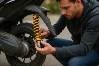 Muž nastavuje kontrastnú pružinu na skútri pre lepšie jazdné vlastnosti.