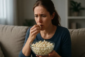 Žena s miskou pukancov má zamyslený výraz.