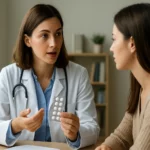 Lékařka vysvětluje pacientce účinky dienogestu a jeho užívání.