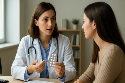 Lékařka vysvětluje pacientce účinky dienogestu a jeho užívání.