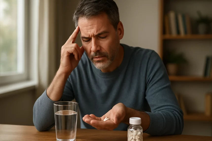 Muž s tabletou magnésia a pohárom vody, zamyslený nad duševným zdravím.