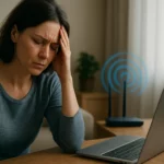 Žena s bolesťou hlavy sedí pri počítači a WiFi sieti.