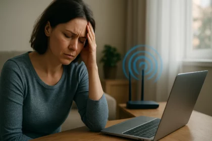 Žena s bolesťou hlavy sedí pri počítači a WiFi sieti.