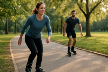 Mladí ľudia korčuľujúci v zelenom parku pre zlepšenie zdravia