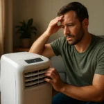 Muž sa snaží ochladiť v horúcich dňoch s prenosnou klimatizáciou.