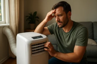 Muž sa snaží ochladiť v horúcich dňoch s prenosnou klimatizáciou.