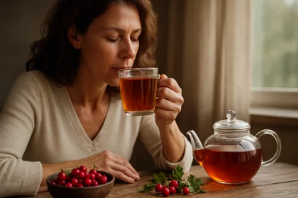 Žena vychutnávajúca si hlohový čaj pre zdravé srdce