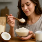 Žena drží kokosový mliečny prášok a lyžicu, pripravená na varenie.