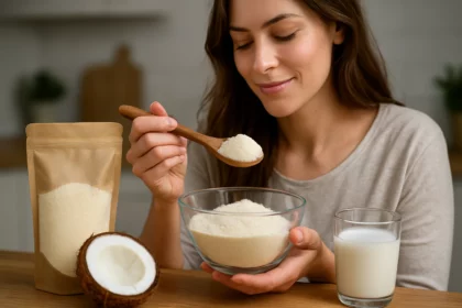 Žena drží kokosový mliečny prášok a lyžicu, pripravená na varenie.