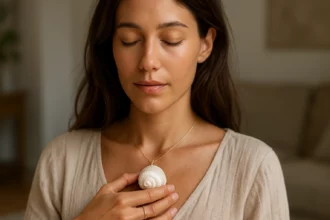 Mladá žena s mušľovým náhrdelníkom a zamysleným výrazom.