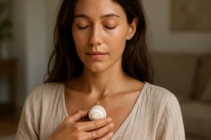 Mladá žena s mušľovým náhrdelníkom a zamysleným výrazom.