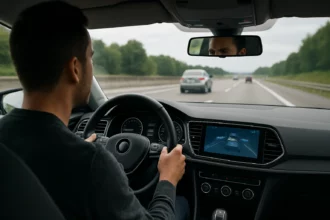 Pohľad na vodiča s adaptívnym tempomatom v modernom aute na diaľnici