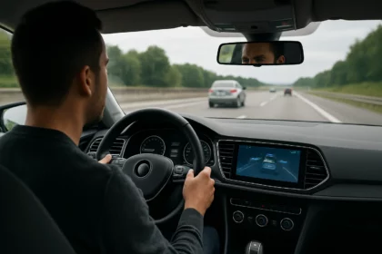 Pohľad na vodiča s adaptívnym tempomatom v modernom aute na diaľnici