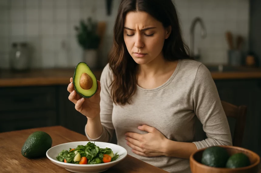 Žena drží avokádo a má bolesť brucha pri zdravej strave.