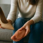 Žena skúša vysoké topánky a drží si nohu