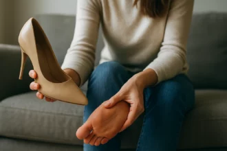 Žena skúša vysoké topánky a drží si nohu