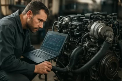 Mechanik optimalizuje turbodiesel motor s laptopom na výstupných údajoch.