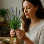 Žena drží čerstvú lekársku veroniku v ruke, okolo sú byliny a pohár vody.