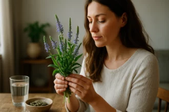 Žena drží čerstvú lekársku veroniku v ruke, okolo sú byliny a pohár vody.