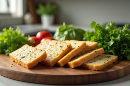 Kúsok tofu na doske s čerstvou zeleninou a bylinkami