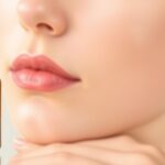 Fľaša arganového oleja vedľa tváre s jemnou pokožkou