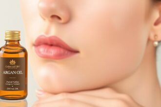 Fľaša arganového oleja vedľa tváre s jemnou pokožkou