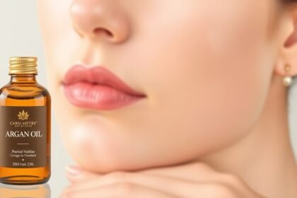 Fľaša arganového oleja vedľa tváre s jemnou pokožkou