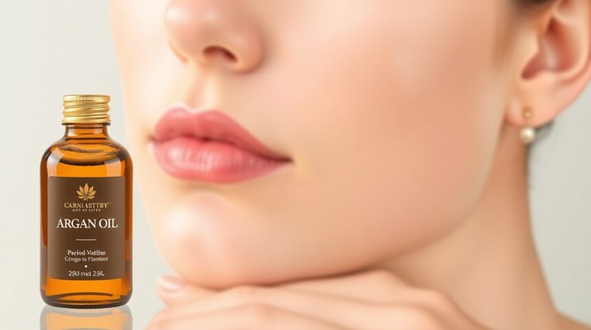 Fľaša arganového oleja vedľa tváre s jemnou pokožkou