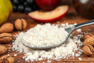 Sladký srvátkový prášok s orechmi a ovocím na drevenom stole.