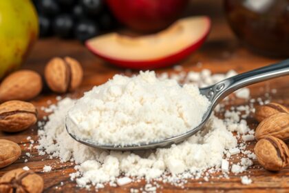 Sladký srvátkový prášok s orechmi a ovocím na drevenom stole.