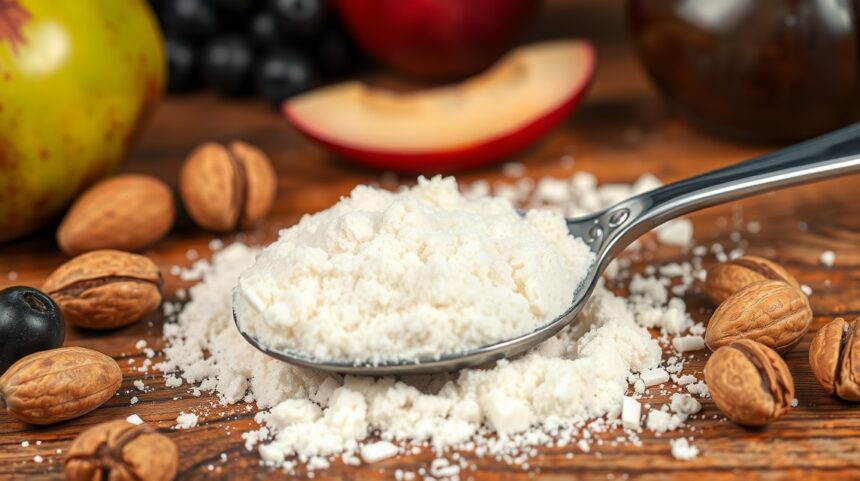 Sladký srvátkový prášok s orechmi a ovocím na drevenom stole.