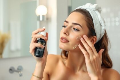 Žena nanášajúca kyselinu listovú na pleť v kúpeľni.