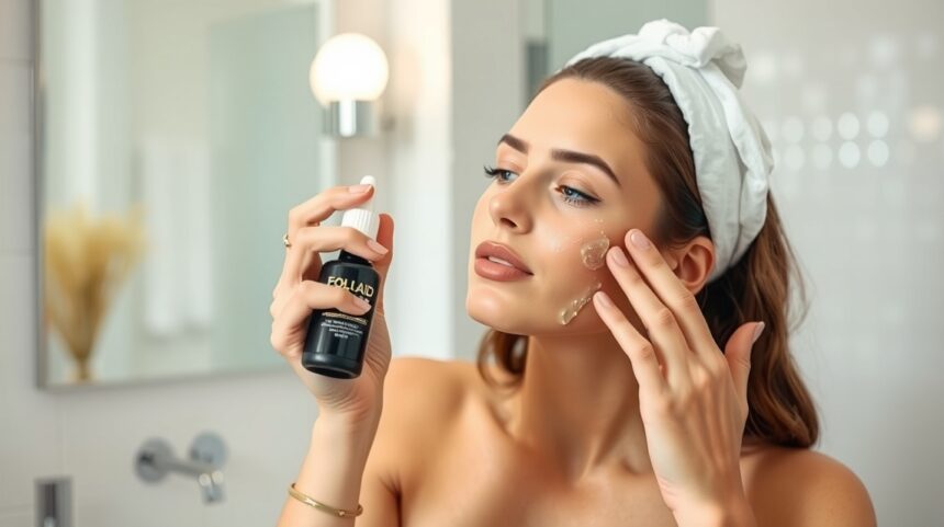 Žena nanášajúca kyselinu listovú na pleť v kúpeľni.