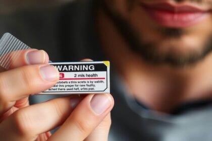 Muž drží snus s varovaním na obale