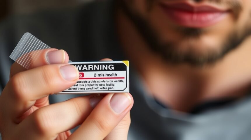 Muž drží snus s varovaním na obale