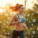 Žena beží vonku za slnečného dňa, okolo nej bublinky.