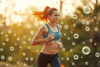 Žena beží vonku za slnečného dňa, okolo nej bublinky.