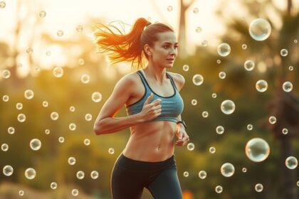 Žena beží vonku za slnečného dňa, okolo nej bublinky.