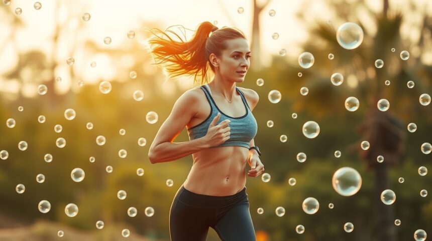 Žena beží vonku za slnečného dňa, okolo nej bublinky.