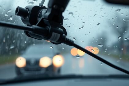 Motor stieračov a čelné sklo s kvapkami vody