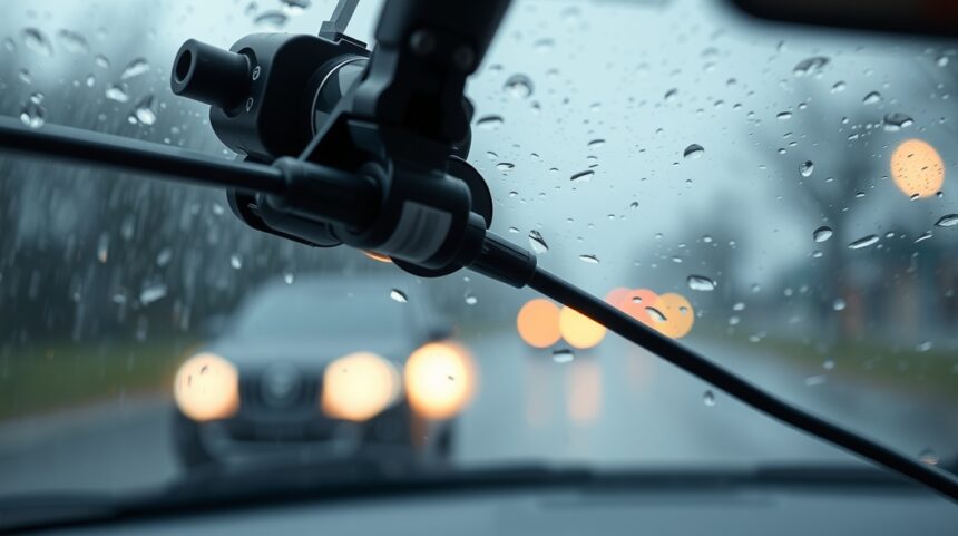 Motor stieračov a čelné sklo s kvapkami vody