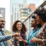 Skupina priateľov sa usmieva a zdieľa rastlinu na pozadí mesta.