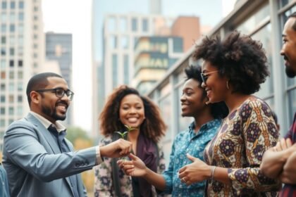 Skupina priateľov sa usmieva a zdieľa rastlinu na pozadí mesta.