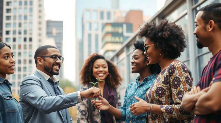 Skupina priateľov sa usmieva a zdieľa rastlinu na pozadí mesta.