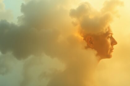 Silueta človeka vystupujúceho z oblakov, symbolizujúca dýchacie problémy.